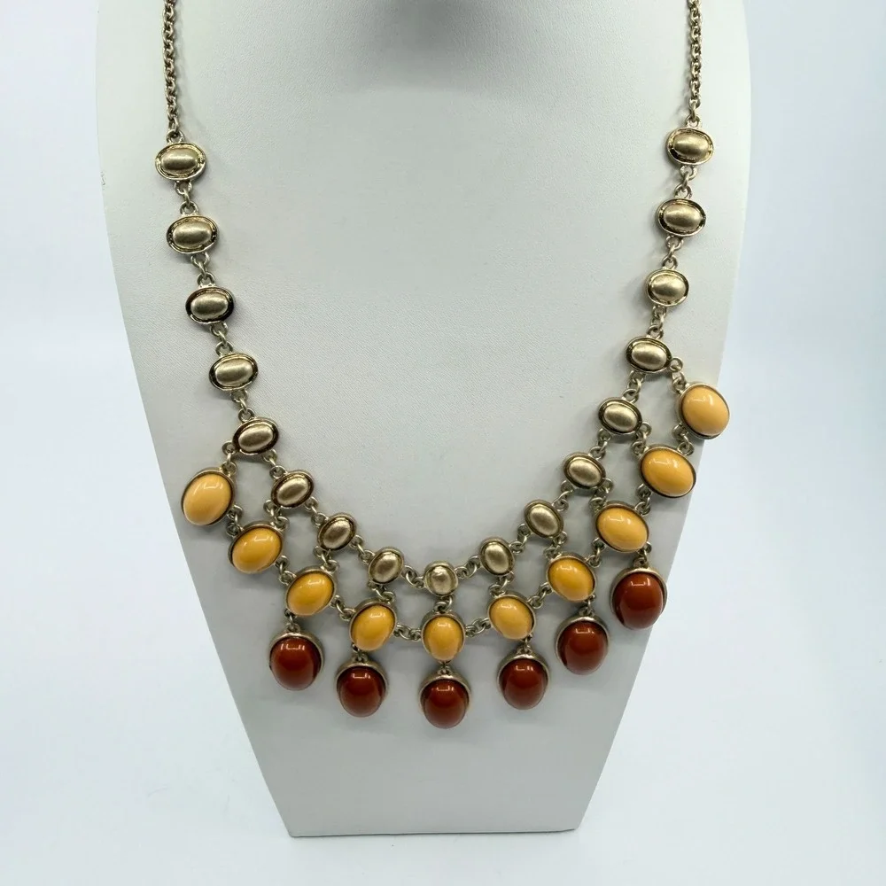 Vintage Amber & Yellow Cabochon Gold Tone Layered Bib Necklace
